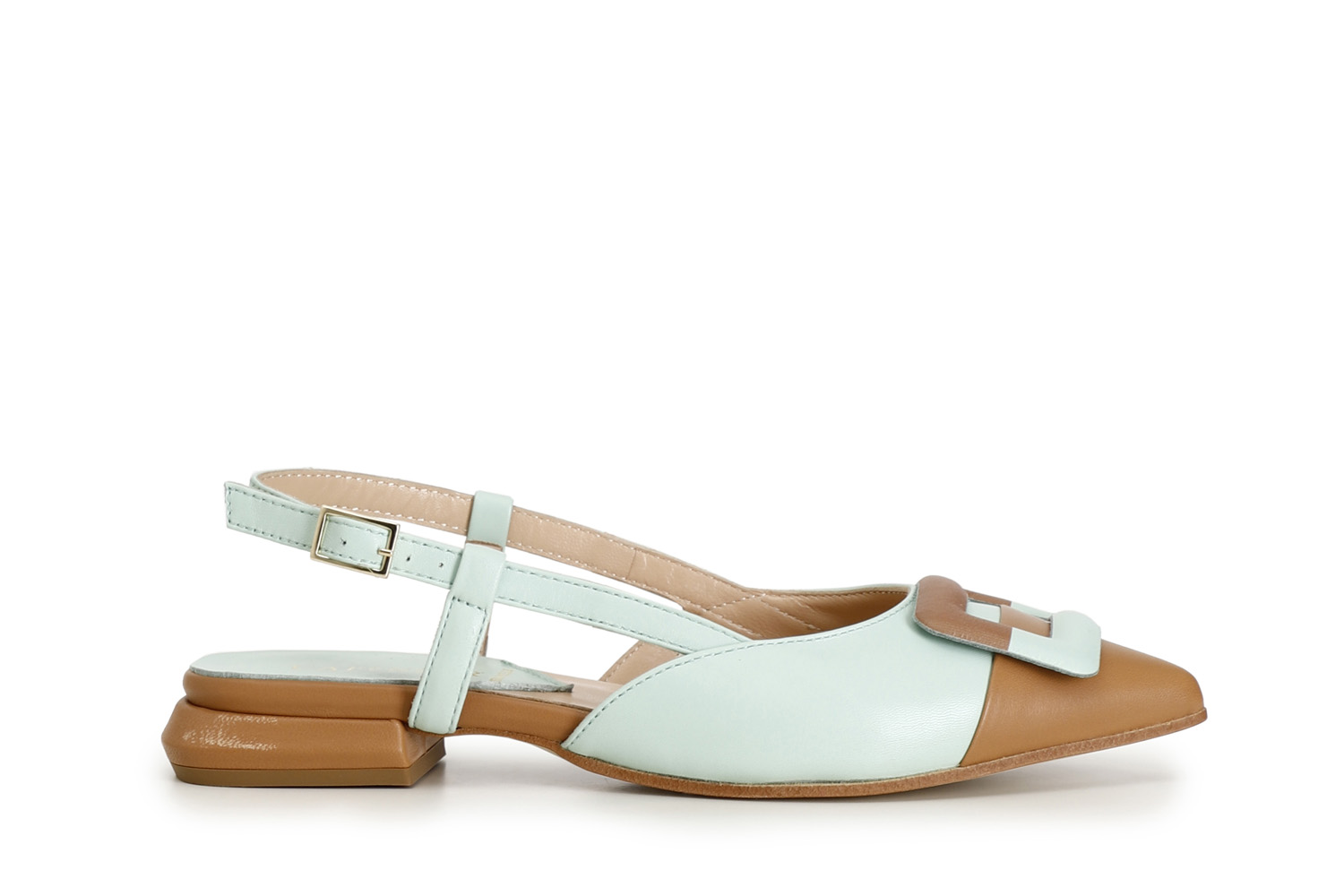 Ballerine in pelle con accessorio quadrato verde/cuoio 37 - Verde/cuoio (37)