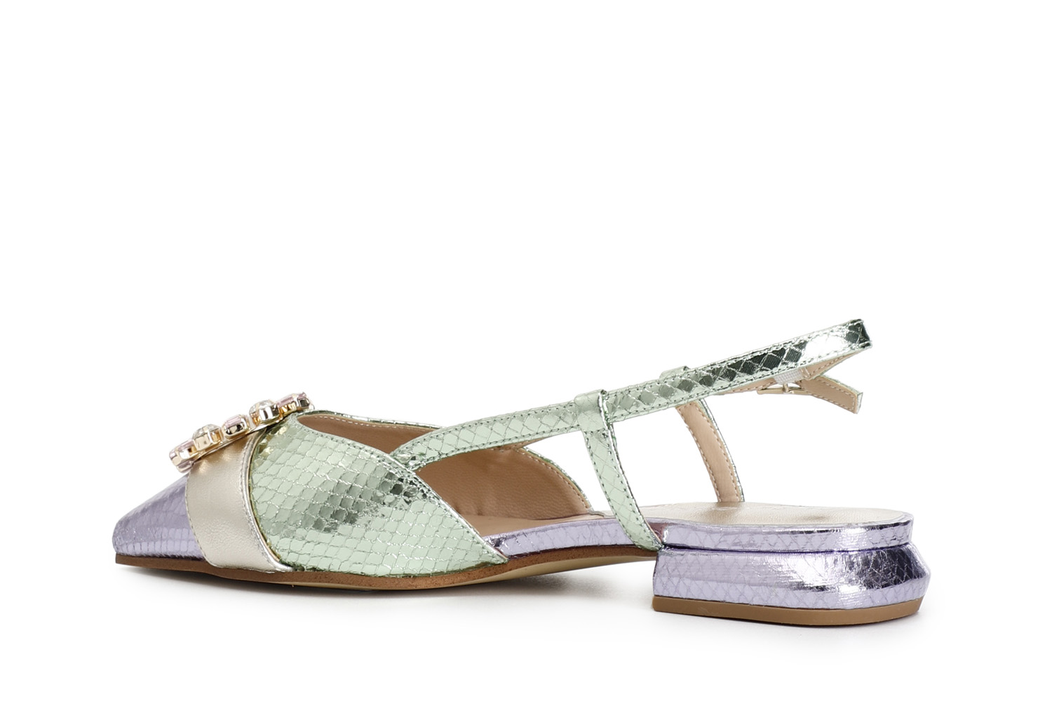 Ballerine aperte dietro in stampa laminata effetto viperina con fibbia in strass multi verde — vista 2