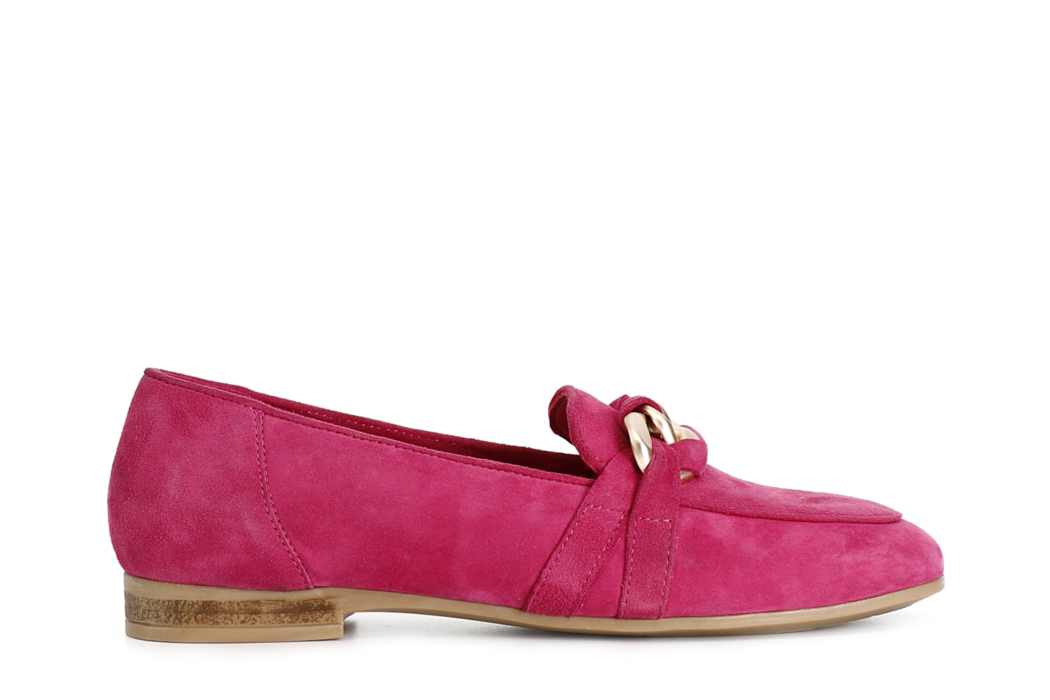 CafèNoir — Mocassini in pelle scamosciata con morsetto catena fuxia