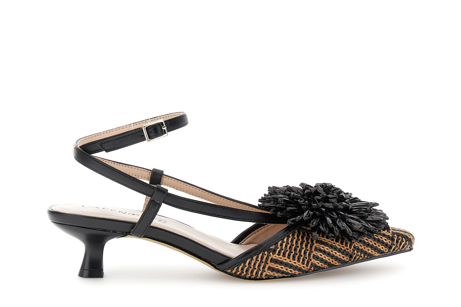 slingback effetto raffia e accessorio fiore nero/cuoio 35