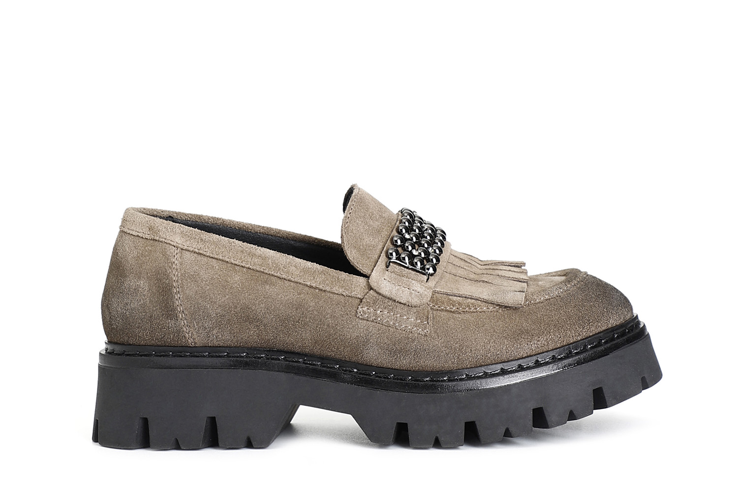 mocassino da donna con frangia e accessorio in pelle scamosciata noce 41