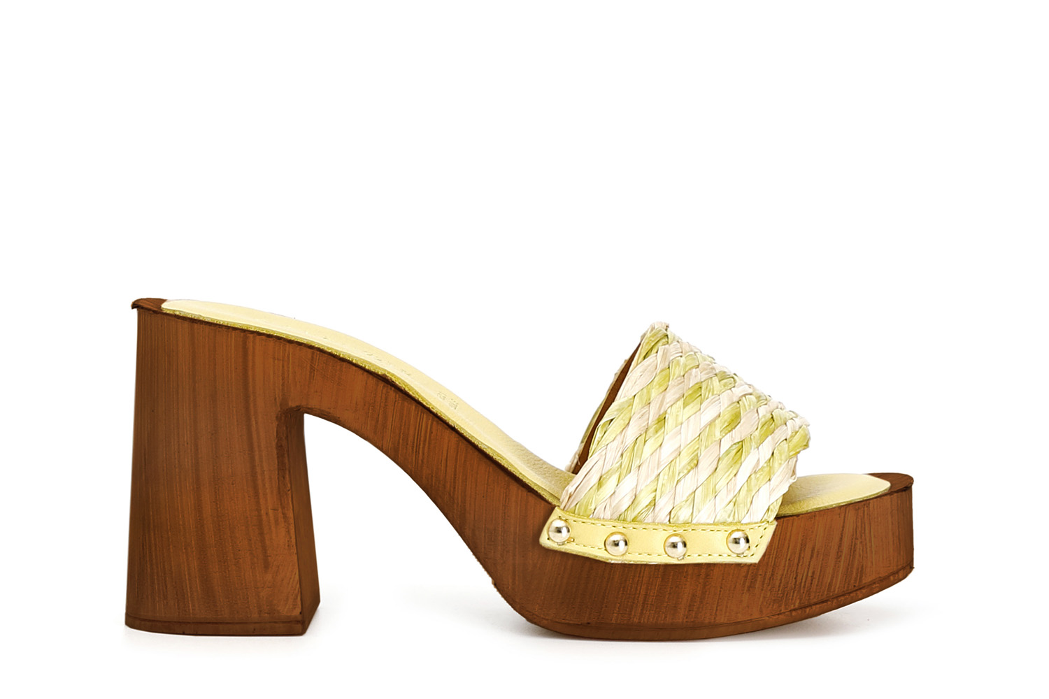 Zoccoli con tacco in legno e fascia decorativa in rafia intrecciata bicolore multi giallo 37 - Multi giallo (37)