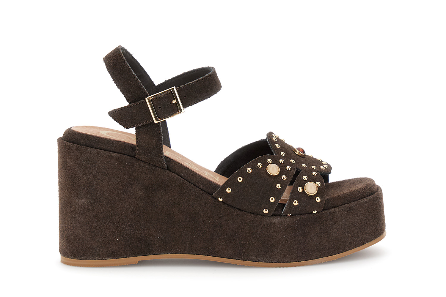 CafèNoir — Sandali gilda in camoscio su zeppa con borchie e cabochon t.moro