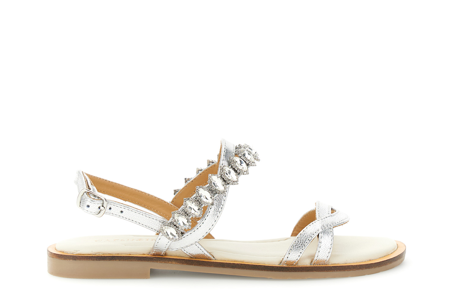 sandali doppia fascia in pelle laminata con accessorio strass argento 35