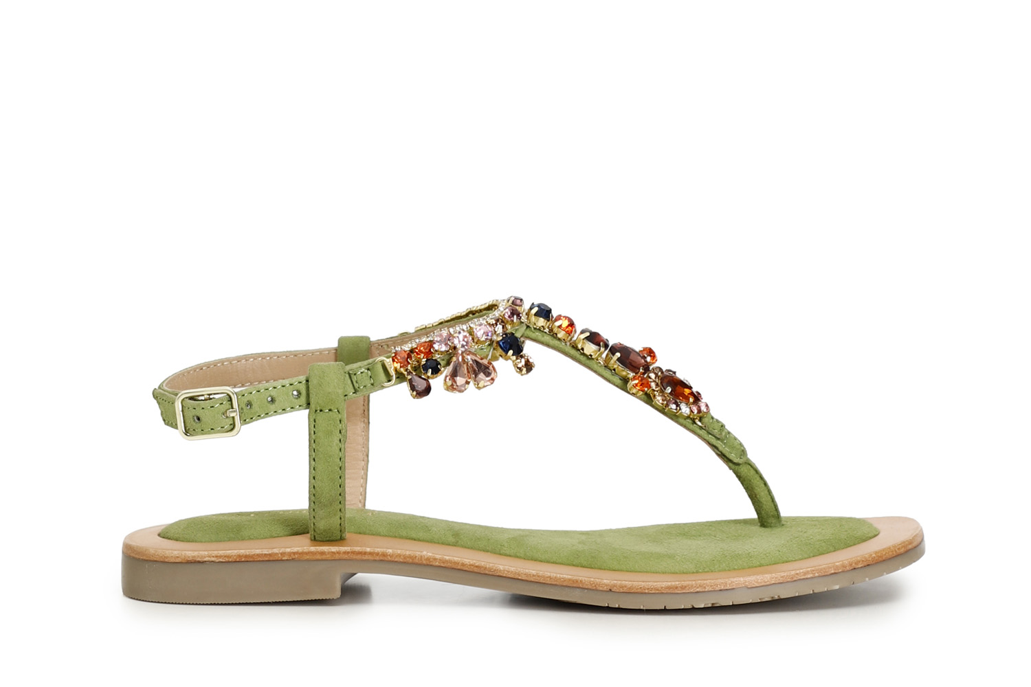 Sandali infradito in pelle scamosciata con accessorio gioiello verde 36 - Verde (36)