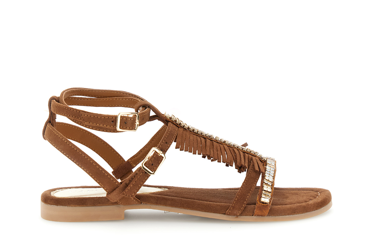 sandali in camoscio con frange e catena strass marrone 40