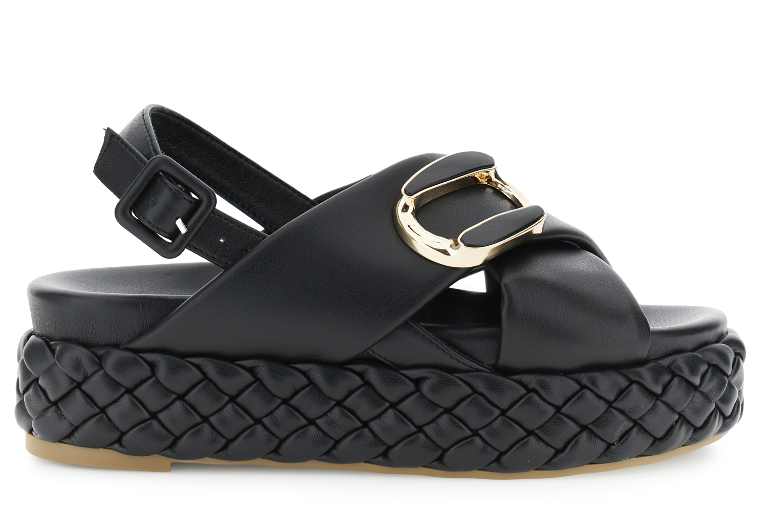 sandali incrociato con fondo a treccia e accessorio nero 35
