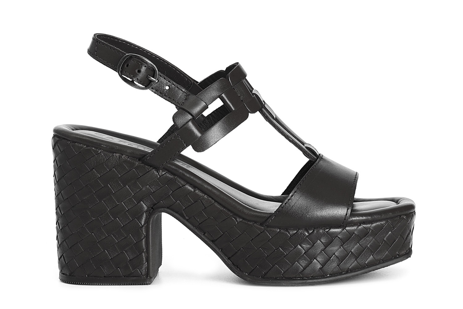 sandali a "t" in pelle zeppa intrecciata nero 35