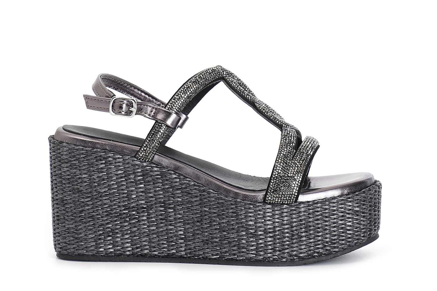 sandali doppia fascia in strass zeppa in rafia nero 35