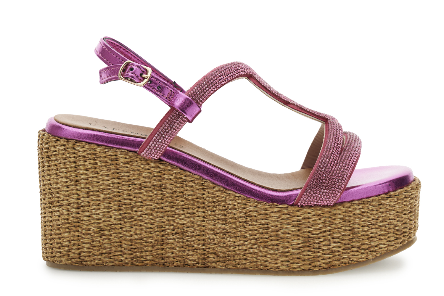 sandali doppia fascia in strass zeppa in rafia fuxia 36