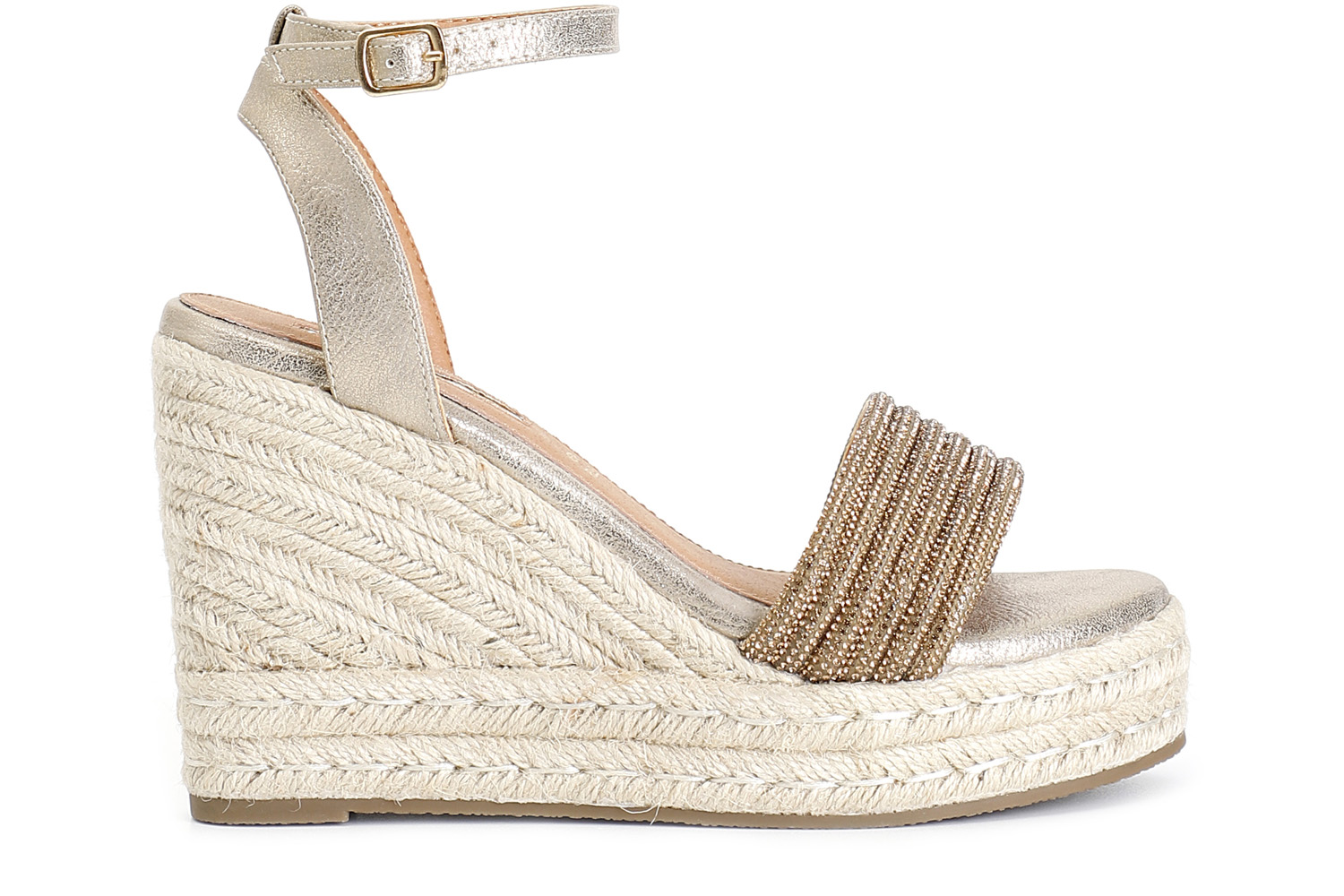 sandali con mignons strass su zeppa corda platino 40