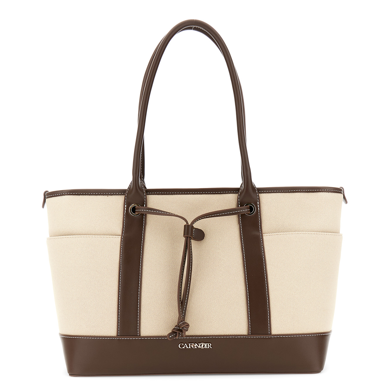 CafèNoir — Shopping bag effetto canvas con rifiniture in effetto pelle a contrasto moro/beige