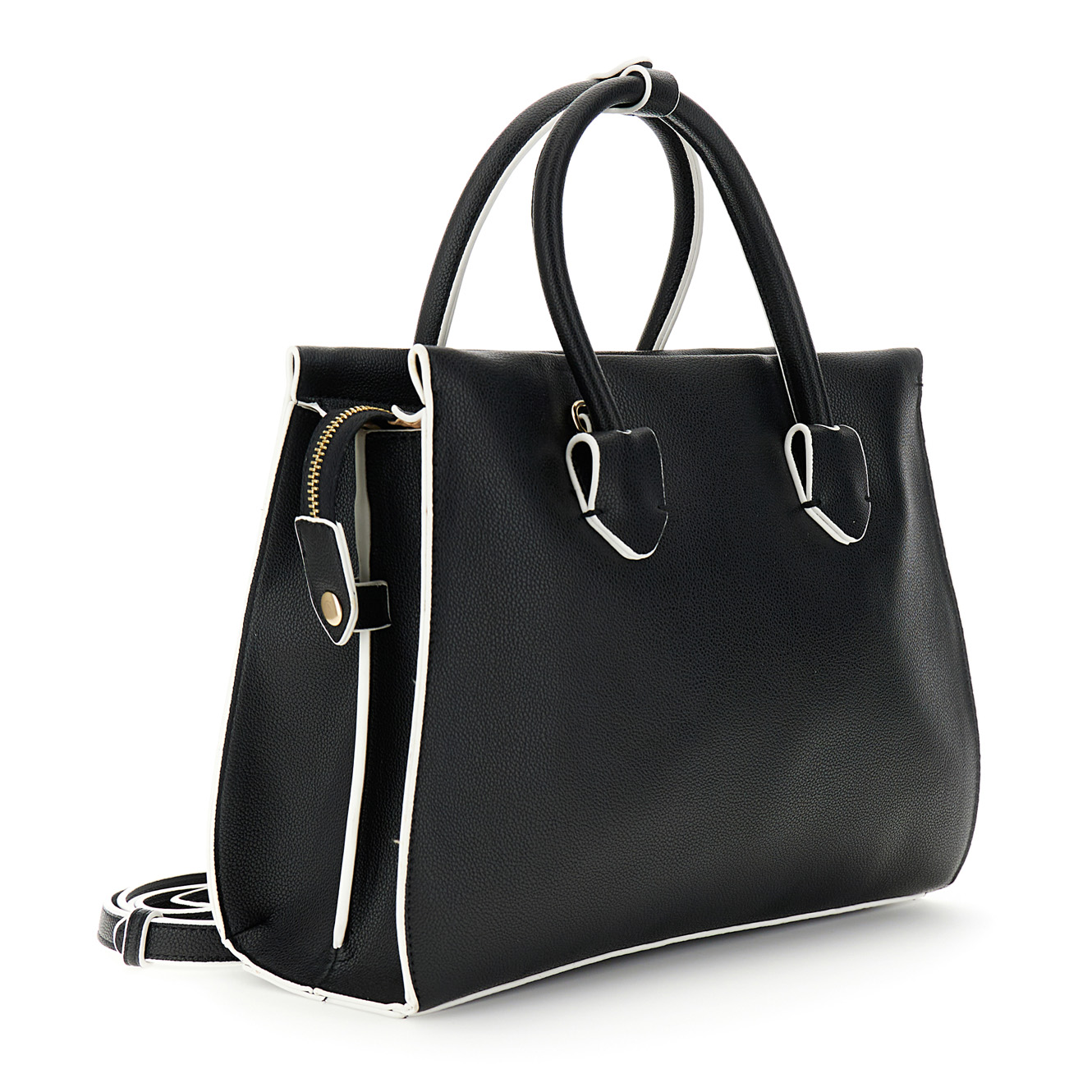 Borsa a mano con fibbiette, mini rivetti bicolore e tracolla removibile nero — vista 2