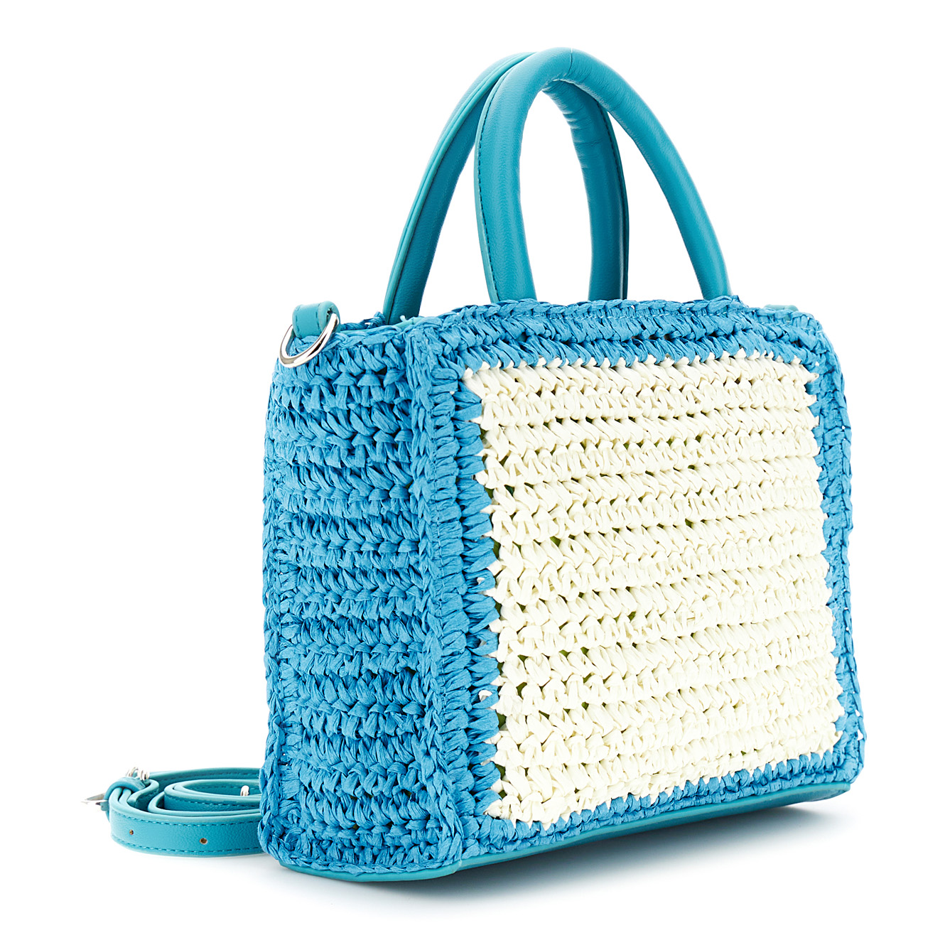 Borsa a mano in rafia bicolore a crochet con manici e tracolla effetto pelle turchese — vista 2