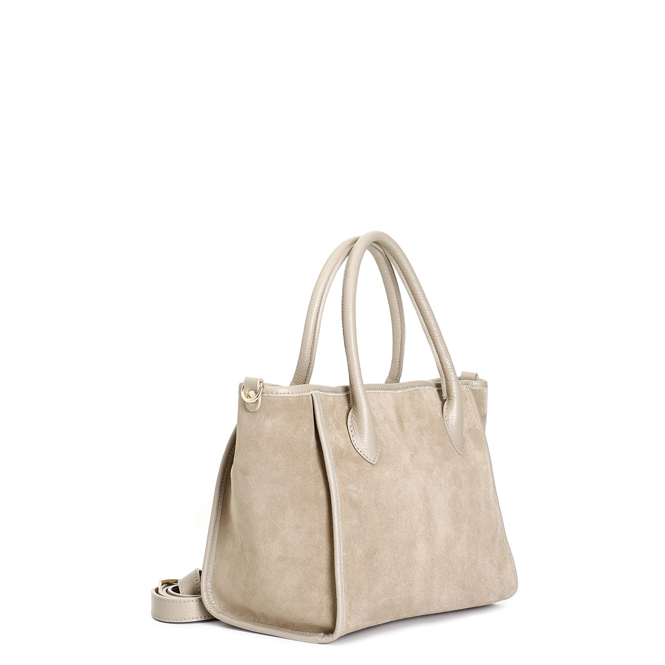 Borsa con manici tubolari in crosta con rifiniture in pelle martellata tortora — vista 2