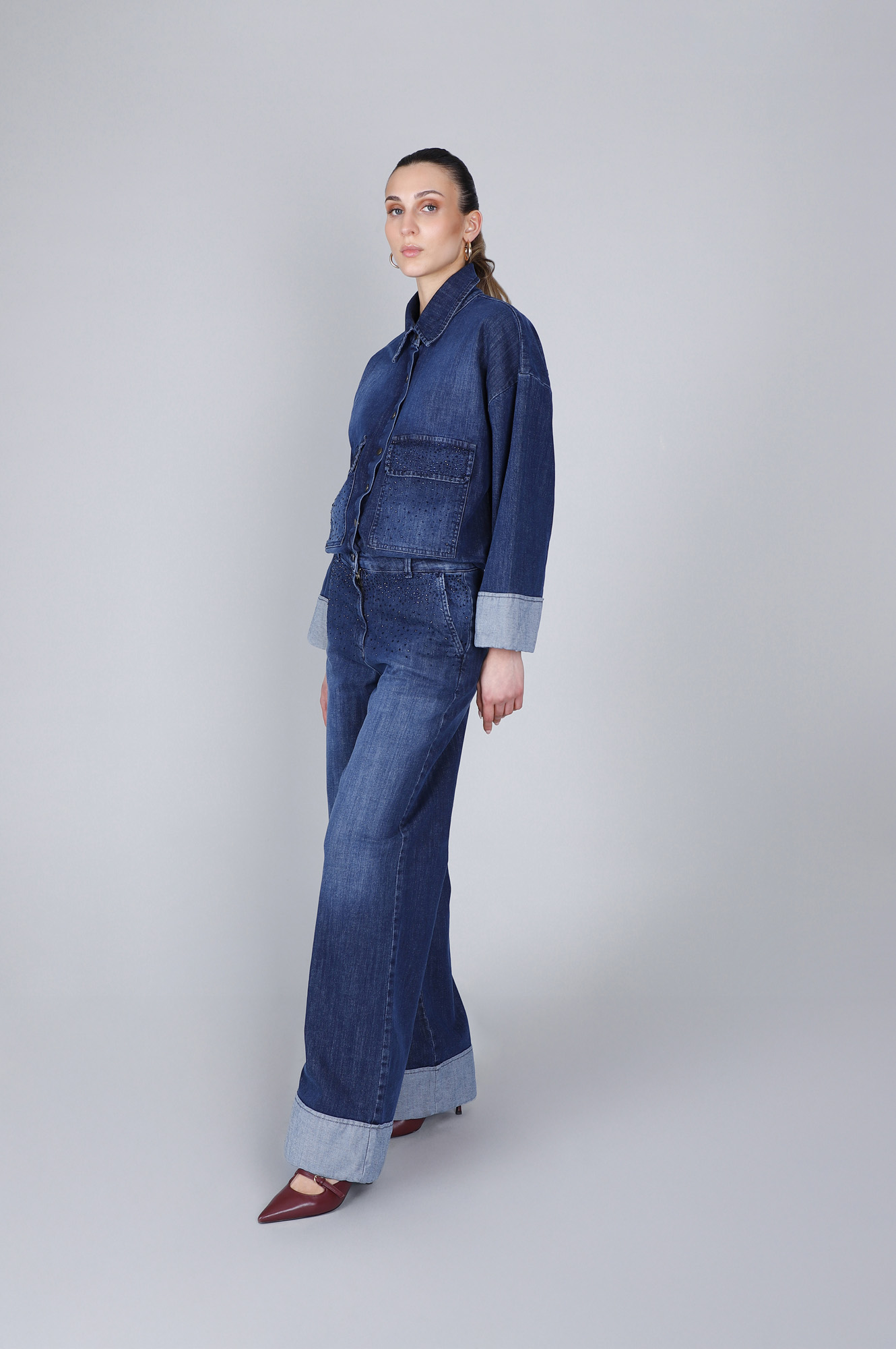 jeans denim wide leg con strass davanti blu medio scuro 30