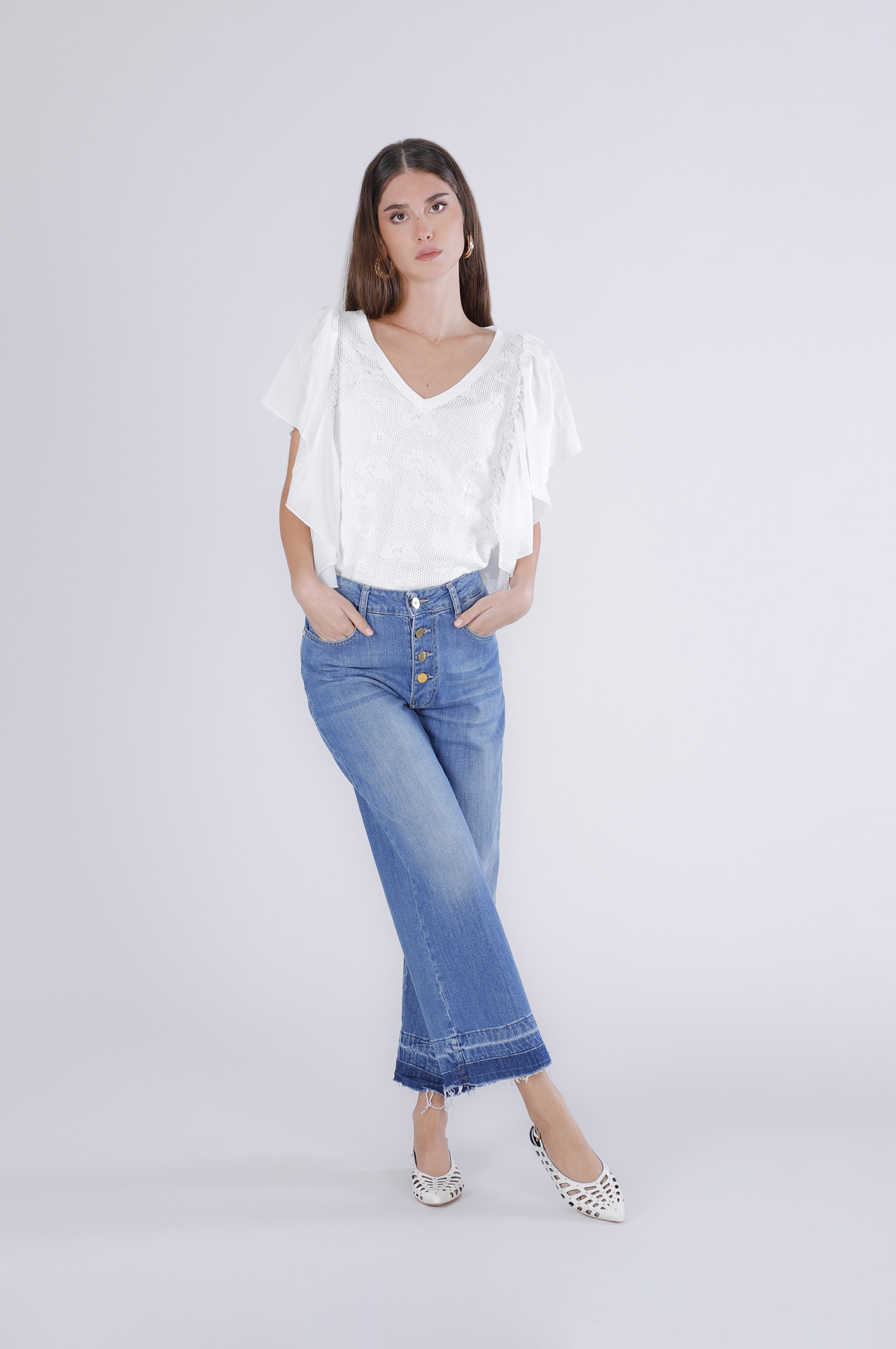 CafèNoir — Jeans cropped con orlo sciolto blu medio