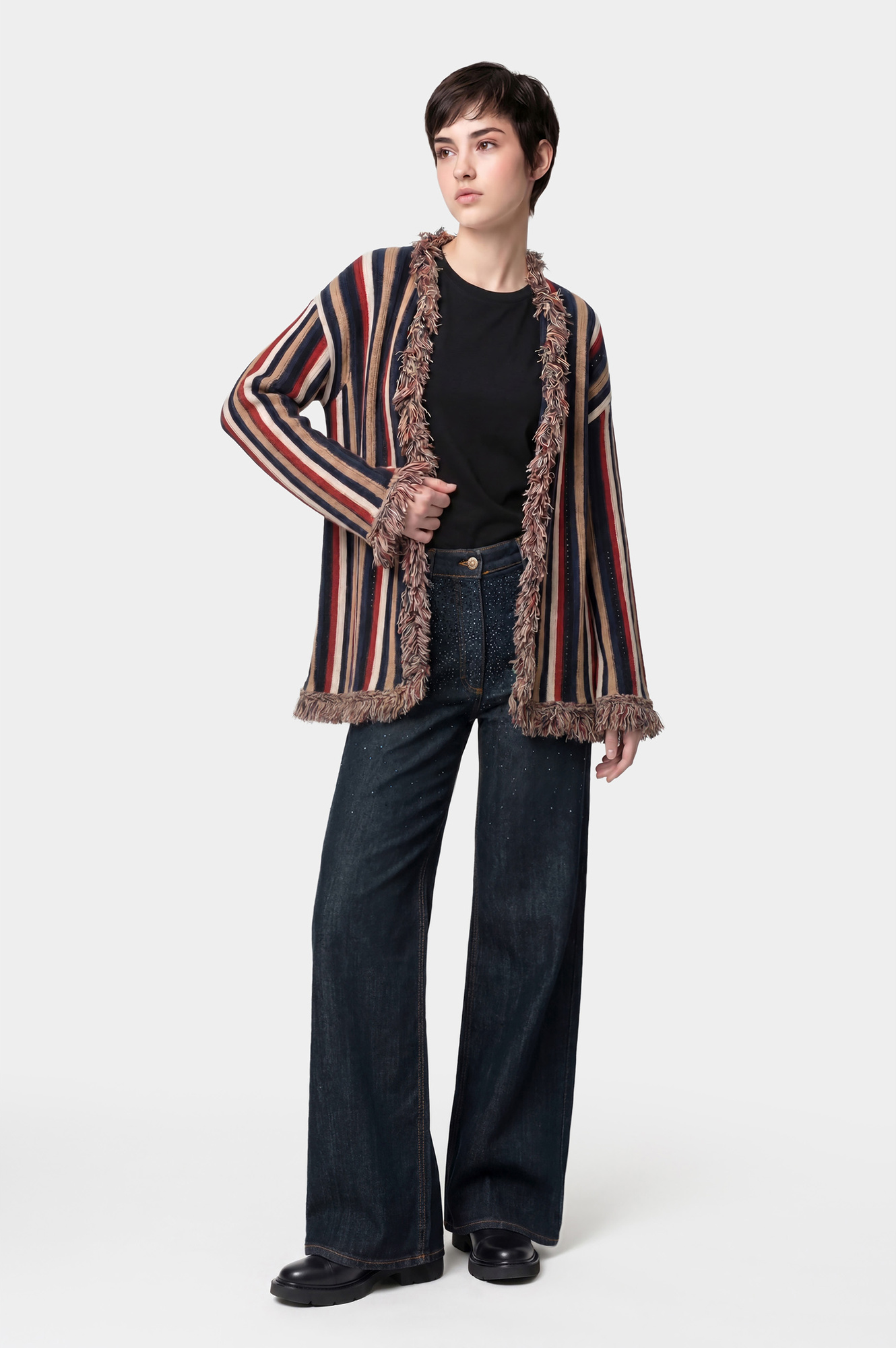 Jeans Denim Wide Con Strass Davanti Indaco 26-image