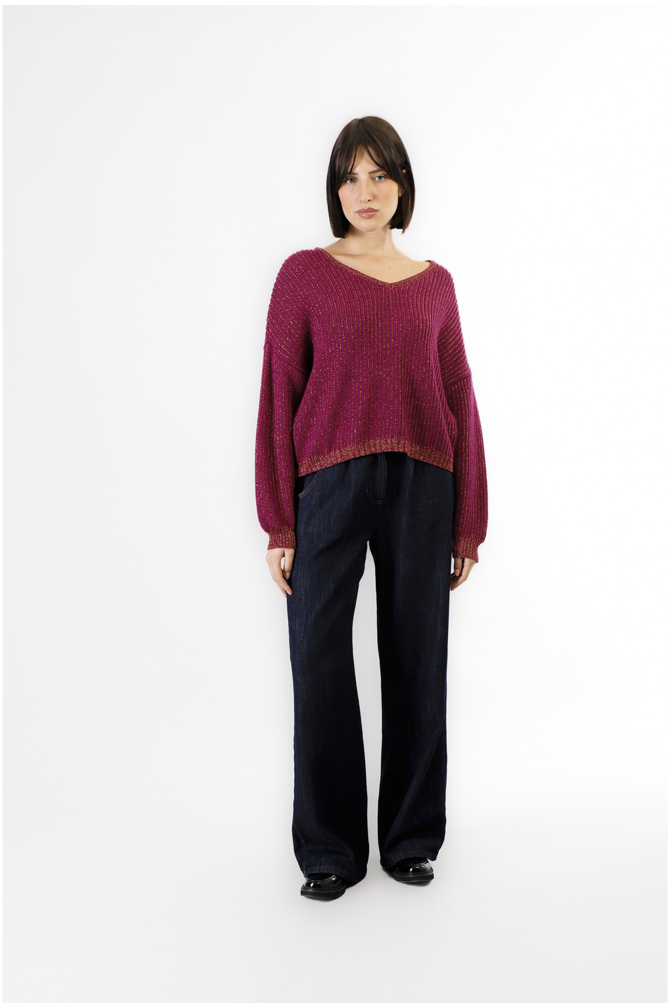 maglia con lurex con scollatura a v magenta xs