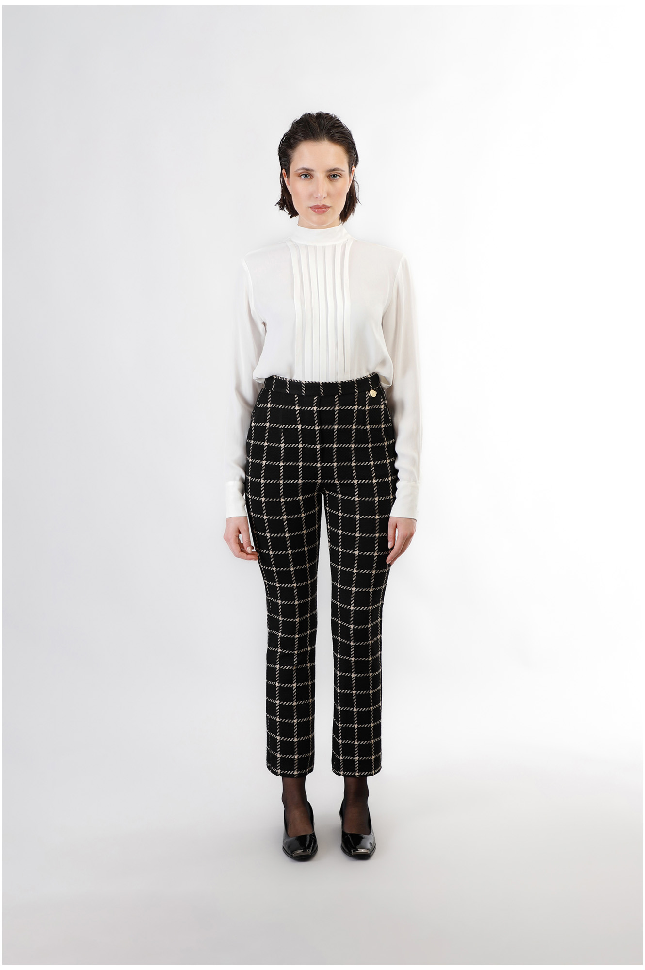 pantaloni a zampa cropped tessuto jacquard quadro multinero 40