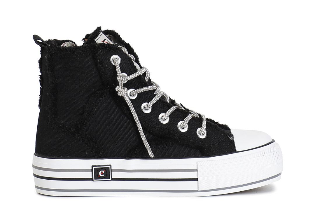 CafèNoir — Sneaker mid in canvass con lacci strass nero