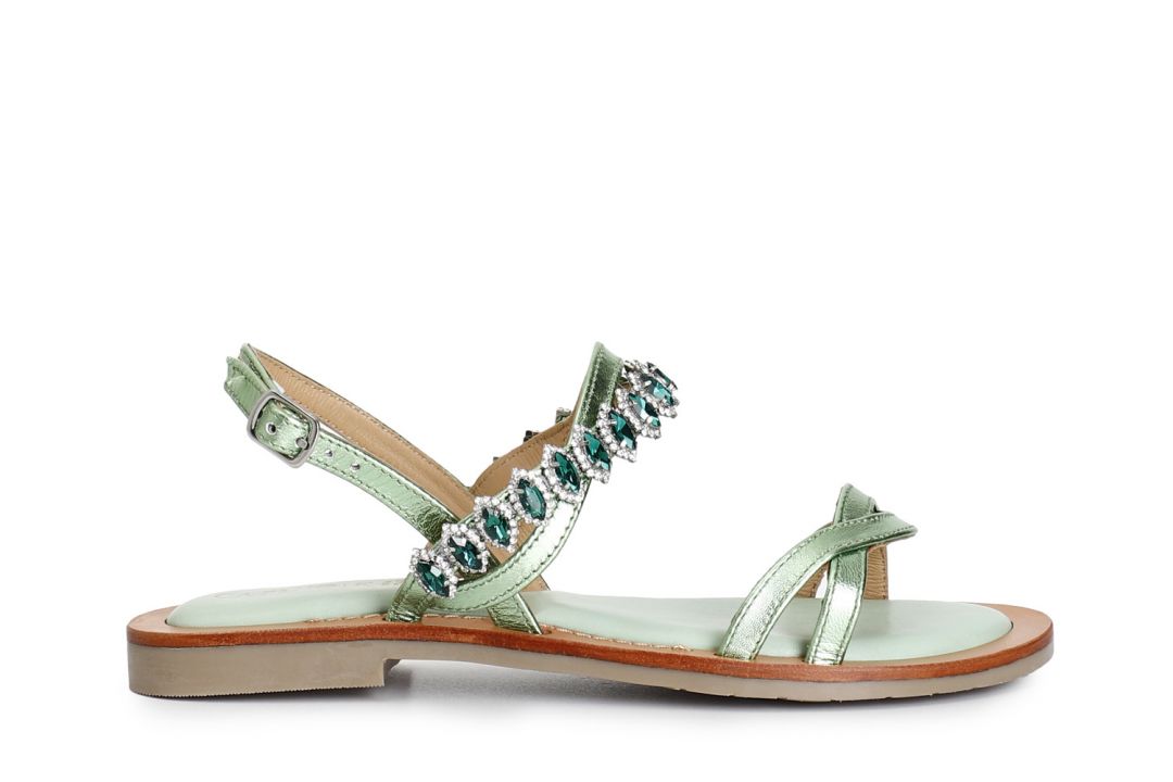 CafèNoir — Sandali doppia fascia in pelle laminata con accessorio strass menta