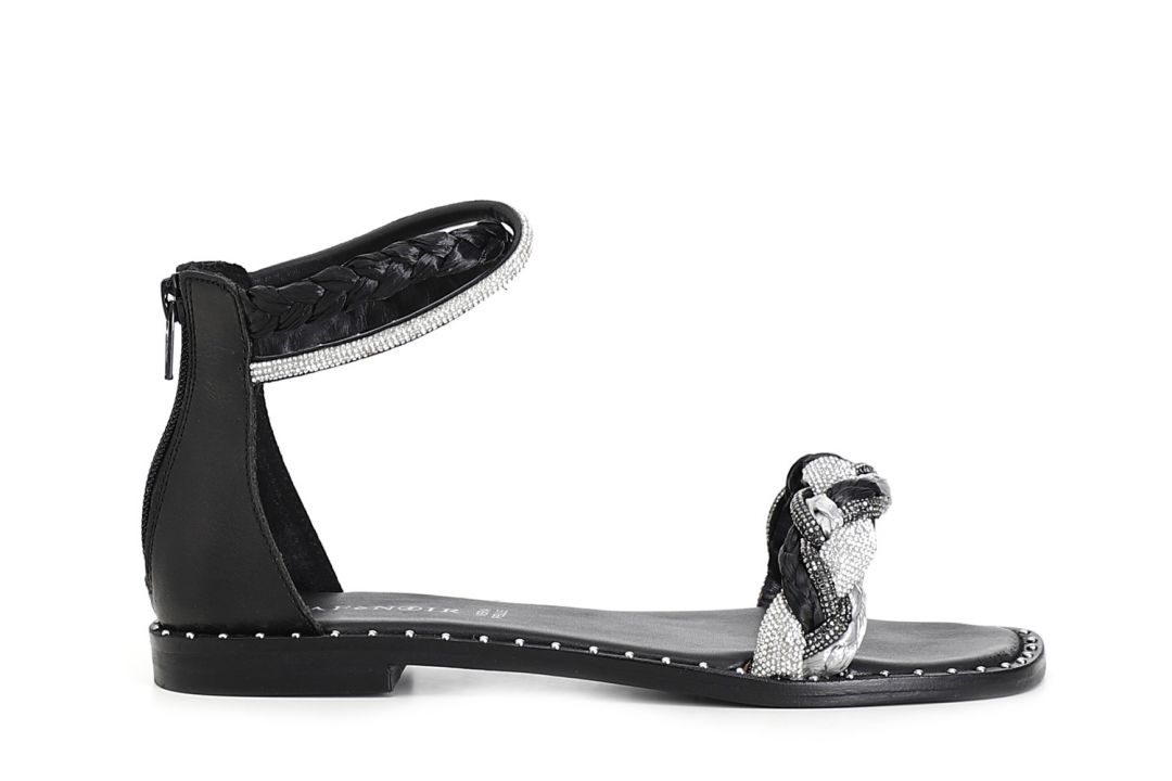 sandali chiusi dietro con zip con strass e rafia