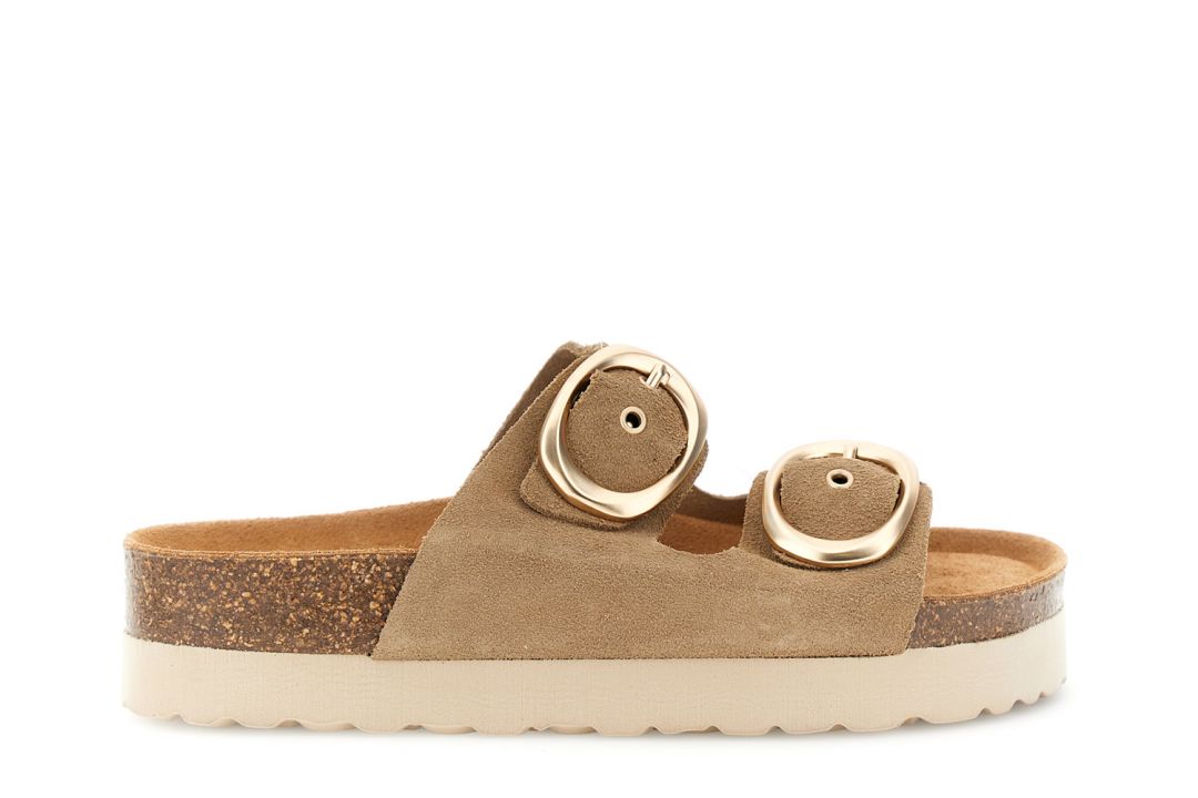 CafèNoir — Sandali ciabatta platform in pelle scamosciata con doppia fibbia taupe
