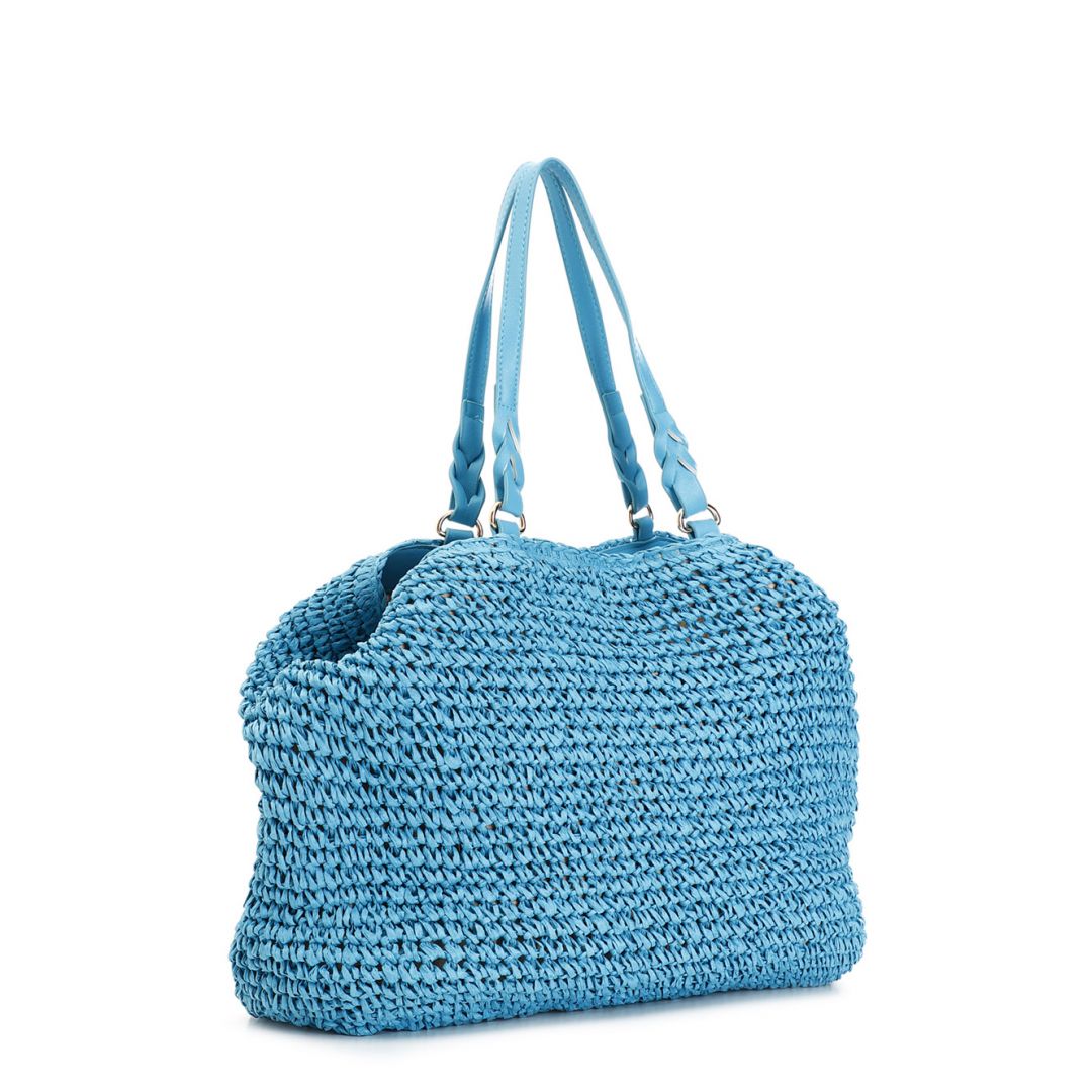 Tote a lavorazione crochet con charm colorato a cuore con bordo in rafia acqua marina — vista 2