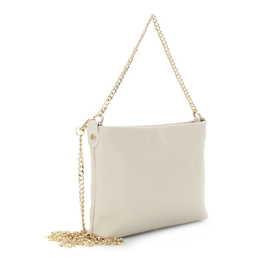 Pochette in pelle dollaro, tracolla e manico con catena e moschettoni panna — vista 2