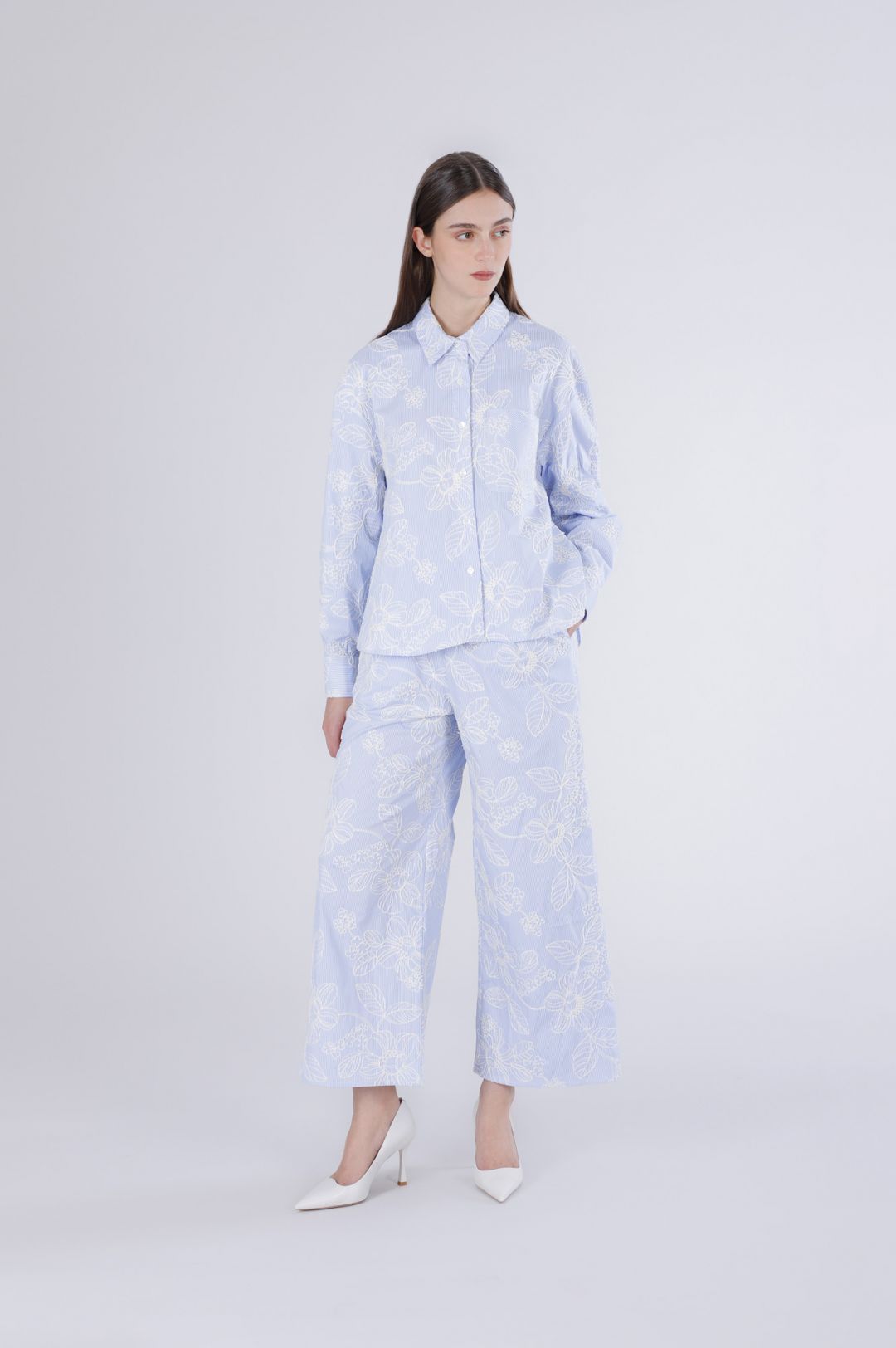 CafèNoir — Camicia over in popeline rigato e ricamato rigato celeste