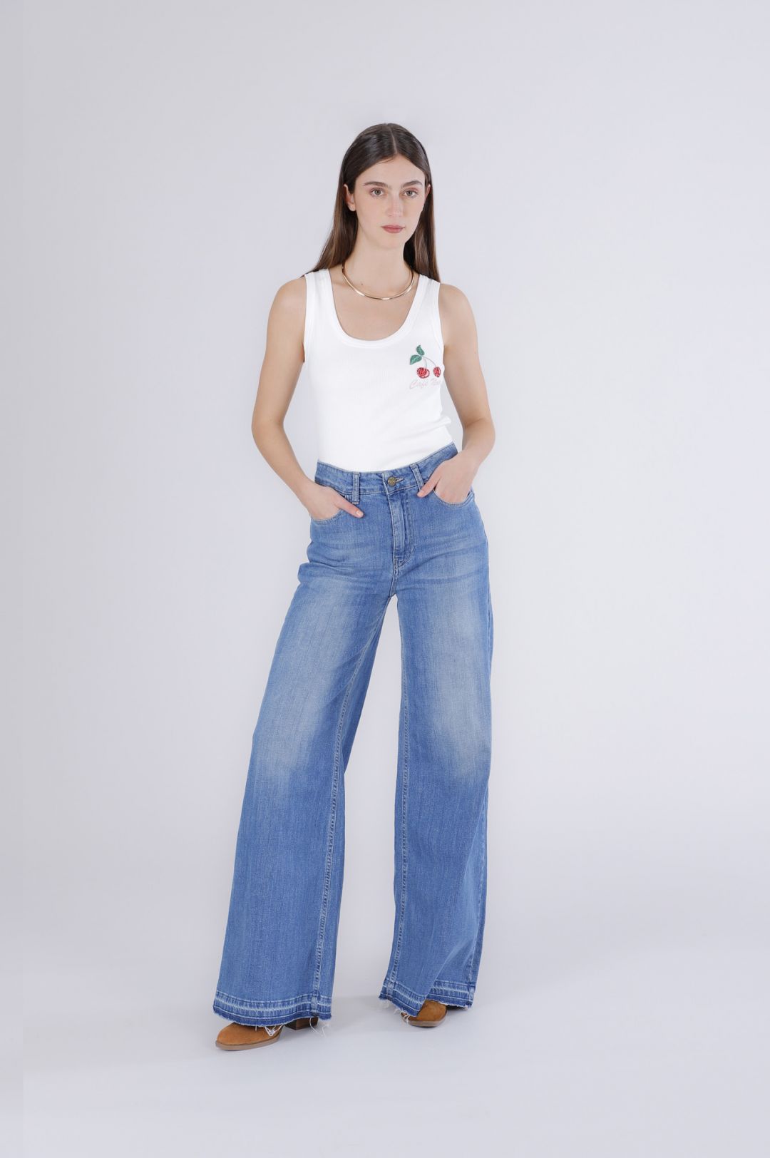 CafèNoir — Jeans palazzo con orlo sciolto blu medio
