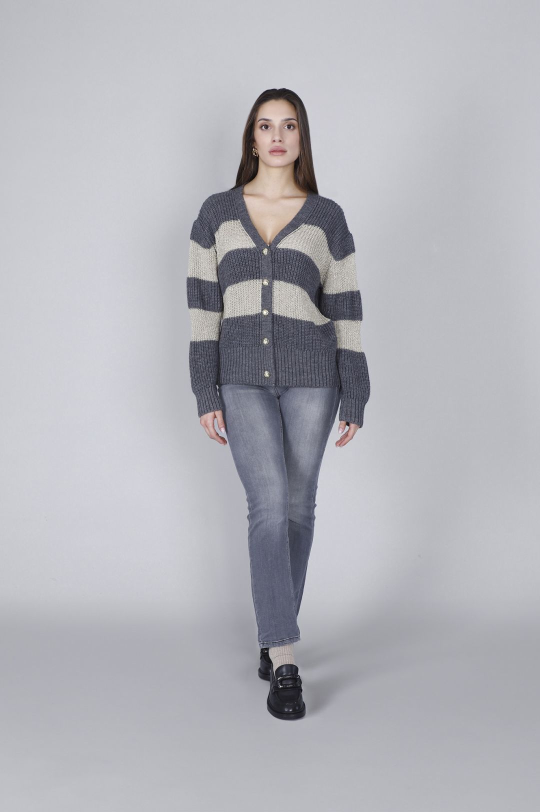 CafèNoir — Cardigan rigato con lurex multigrigio
