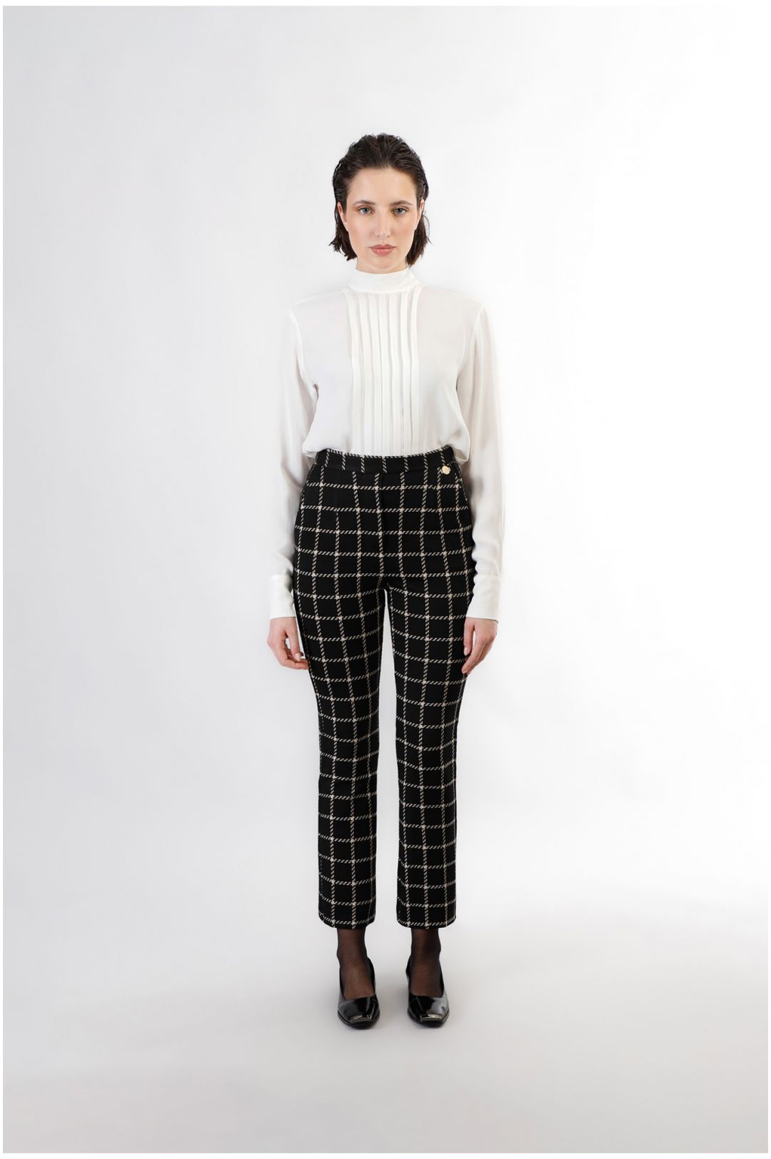 CafèNoir — Pantaloni a zampa cropped tessuto jacquard quadro multinero